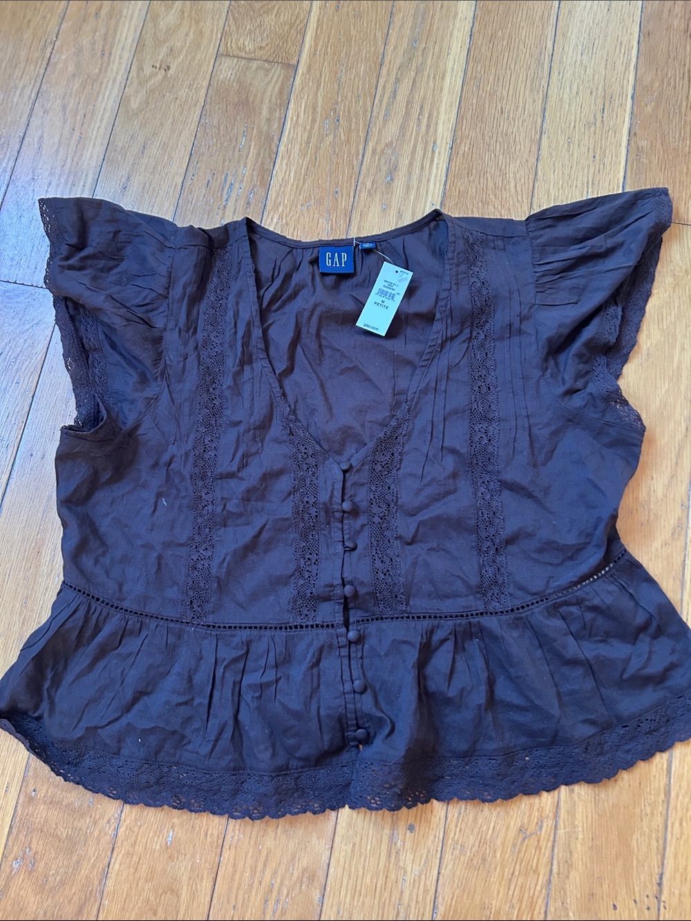 GAP Lace Voile Peplum Crop Top WomDark Brown Crochet-Trim Medium Petite